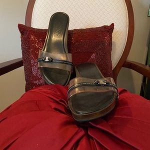 Ferragamo patent clear and black leather clog